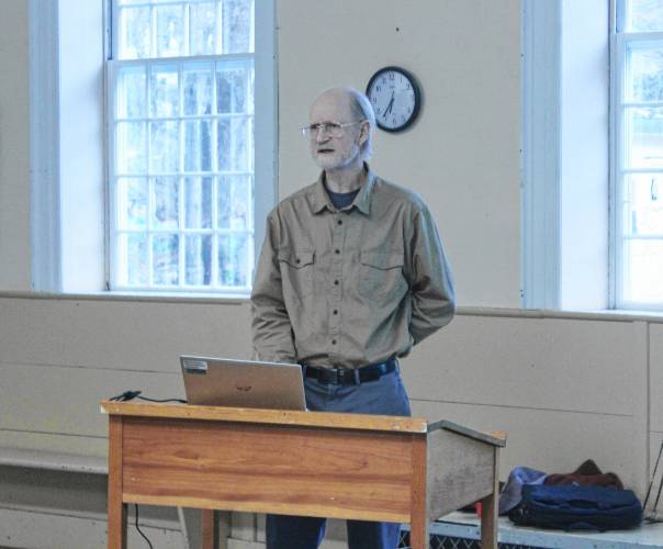 Chris Mason, with the Massachusetts Department of Energy Resources, speaks during a presentation at a public forum at Ashfield Town Hall on Wednesday. Ashfield must decide if it wants to try to achieve a “Climate Leader” designation from the state.