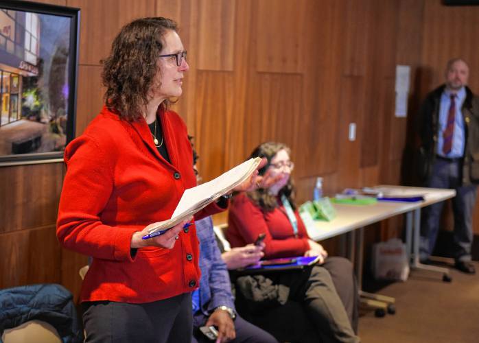 Leverett Town Administrator Marjorie McGinnis talks about her town’s dirt roads to those gathered at the John W. Olver Transit Center in Greenfield on Monday for a meeting with state Department of Transportation Secretary Monica Tibbits-Nutt.