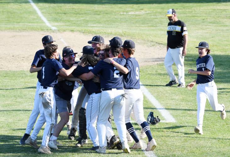 Frontier celebrates the last out after beating Smith Vocational  at Vets Field in Greenfield in the Western Mass. Class C championship game last spring. 