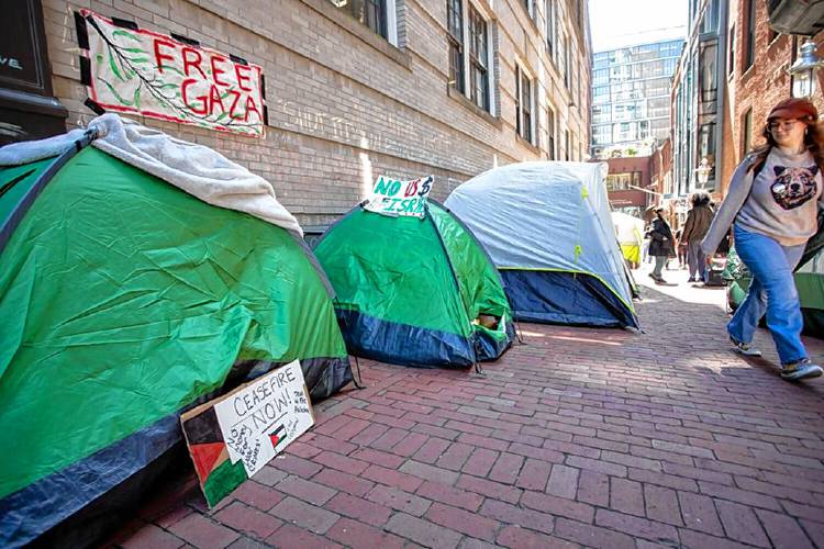 Tents fill part of Boylston Place in Boston, an alley running along part of Emerson College’s campus, during a pro-Palestine encampment on Tuesday.