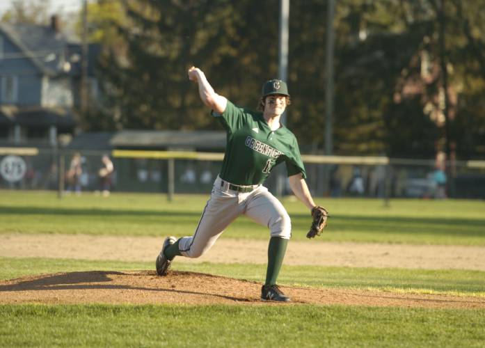 Greenfield’s Michael Pierce pitches against Granby  at Vets Field last spring. 