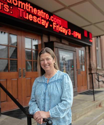 Amy Heflin, seen here by Northampton’s Academy of Music, is one of 12 finalists bidding to win the 2024 Valley Voices Story Slam crown. The contest takes place April 13 at the Academy.