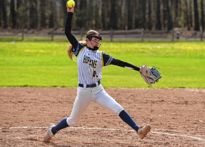 Hopkins Academy’s Cassie Dion delivers  a pitch during action against Franklin Tech on Friday in Turners Falls.