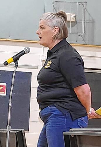 Police Chief Kristin Burgess discusses an article seeking $70,588 for a police pickup cruiser during Shutesbury’s Annual Town Meeting on Saturday at Shutesbury Elementary School.