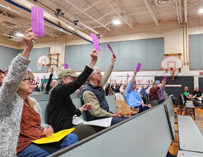 Shutesbury residents vote during Saturday’s Annual Town Meeting at Shutesbury Elementary School.