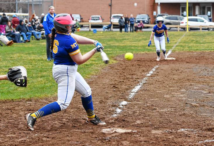 Mohawk Trail’s Sophia Goodnow connects against Pioneer during the visiting Warriors’ 19-4 victory in Northfield on Thursday.