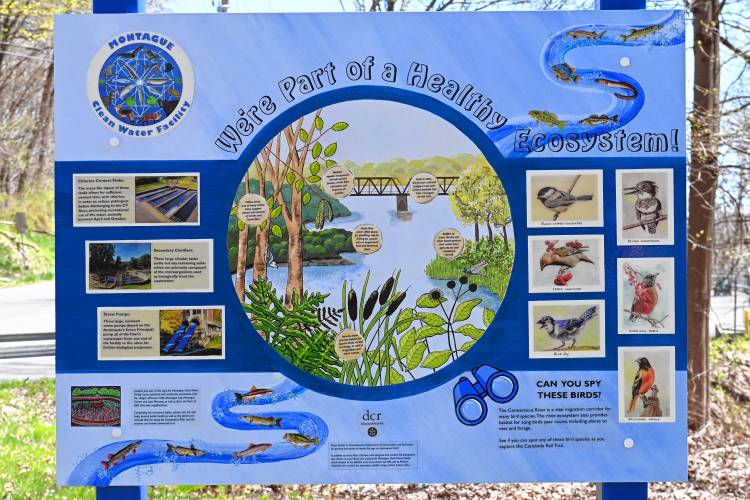The new informational sign near the Montague Clean Water Facility marking an entrance to the bike path on Greenfield Road in Montague. 
