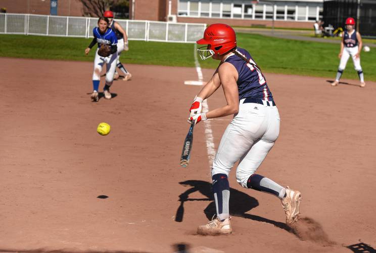 Frontier’s Hailey Hutkoski (7) puts the ball in play during the Redhawks’ 6-3 loss to Turners Falls on Friday at Zabek Field in South Deerfield.
