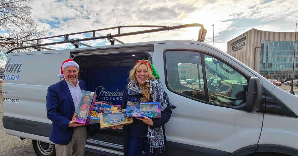 Freedom Credit Union’s President and CEO Glenn Welch and Vice President of Operations Cheryl L. Podgorski helped collect toys for Western Mass Toys for Tots at several “stuff-the-van” events at Freedom branches in December.