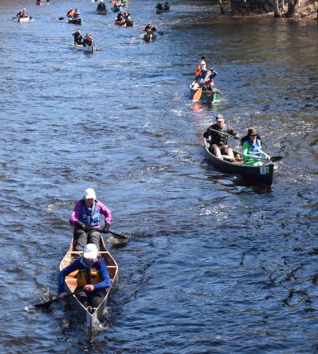 River Rat Race competitors make their way toward the finish line on the Millers River in Orange in 2023.