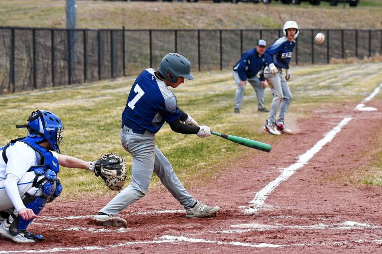 Franklin Tech’s Tyler Yetter connects with a runner at third base during the Eagles’ 9-5 victory over host Turners Falls at the Bourdeau Fields Complex in Turners Falls on Tuesday.