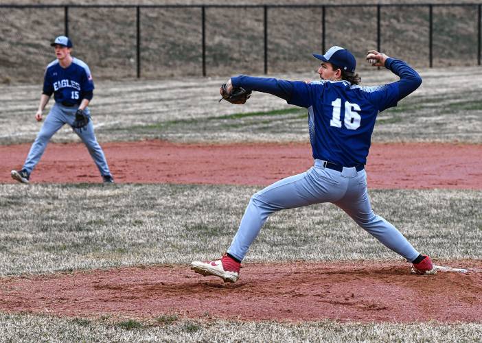 Franklin Tech’s Kyle Begos pitches against Turners Falls during the Eagles’ 9-5 victory at the Bourdeau Fields Complex in Turners Falls on Tuesday.