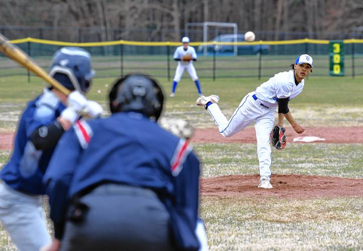 Turners Falls’ Alex Quezada pitches against Franklin Tech during the Eagles’ 9-5 victory at the Bourdeau Fields Complex in Turners Falls on Tuesday.