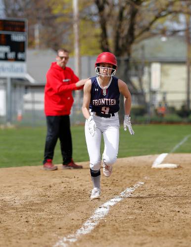 Frontier baserunner Olivia Machon (9) sprints home to score against South Hadley in the top of the sixth inning Friday in South Hadley.