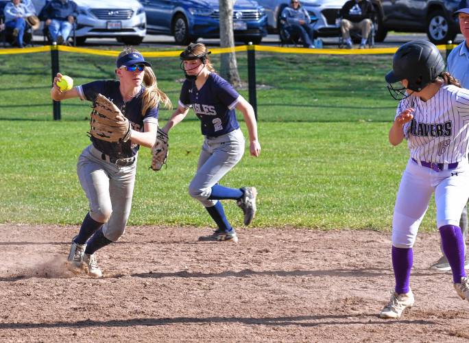 Franklin Tech’s Kaitlin Trudeau has Blackstone Valley Tech’s Maddie Collins caught in a rundown between first and second bases during the Eagles’ 7-3 victory at Nancy Gifford Field in Turners Falls on Tuesday. 