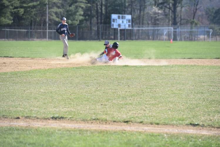 Athol's Dominik St. Andre steals second against Franklin Tech on Monday in Turners. 