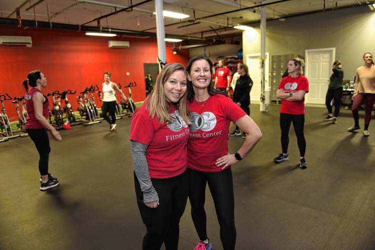 Common Ground Fitness Center co-owners Jamie Roberts and Nadya Beaudoin during a grand reopening celebration at 369 Federal St. in Greenfield on Wednesday.