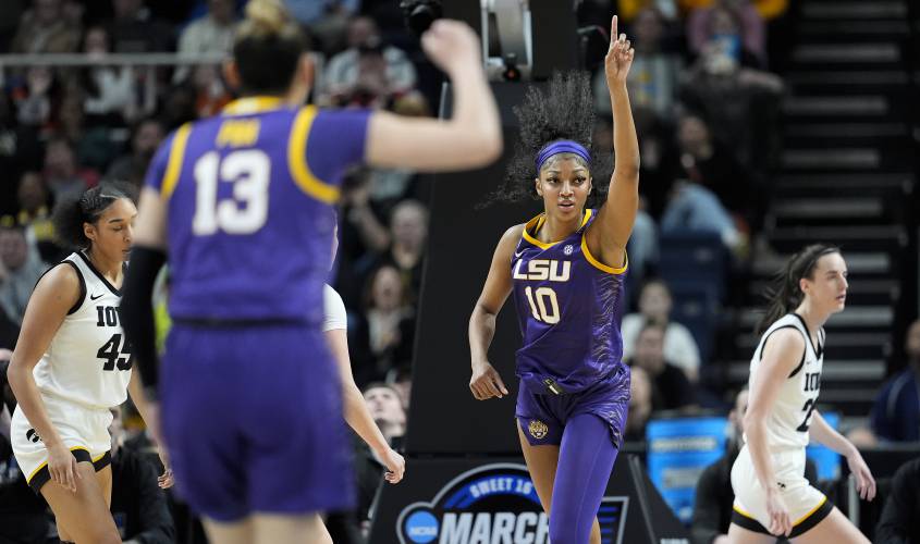 LSU forward Angel Reese (10) reacts during the first quarter of an Elite Eight round college basketball game against Iowa during the NCAA Tournament, Monday, April 1, 2024, in Albany, N.Y. (AP Photo/Mary Altaffer)