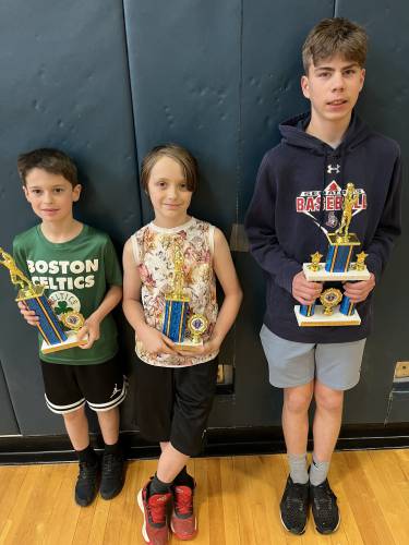 From left to right: Austin Lyesuk, Elijah Smith and Clayde Thompson after placing in the Knights of Columbus State Free Throw Championship in Holliston on Saturday. 