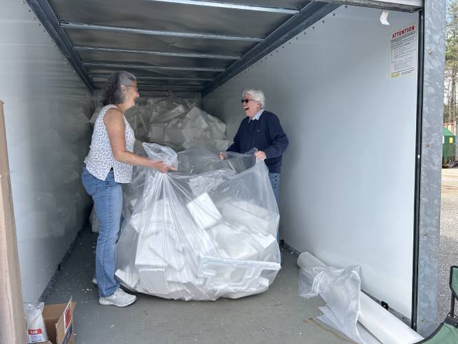 Lynn Hansell and Shirley Keech collect Styrofoam to be recycled during a special collection in Northfield in 2023. The collections will be held in Wendell, Montague, Northfield and Leverett this year.