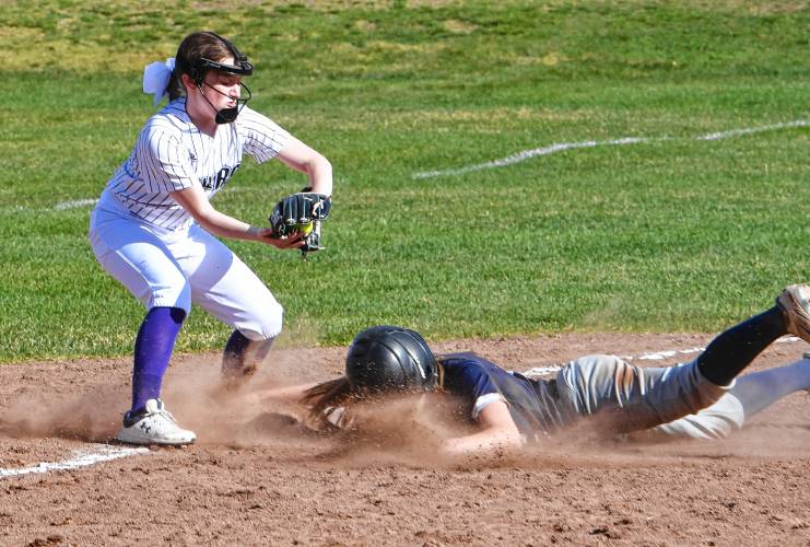Franklin Tech’s Lilly Ross is safe at third as Blackstone Valley Tech’s Elleigh MacNeil is late with the tag during the Eagles’ 7-3 victory at Nancy Gifford Field in Turners Falls on Tuesday. 