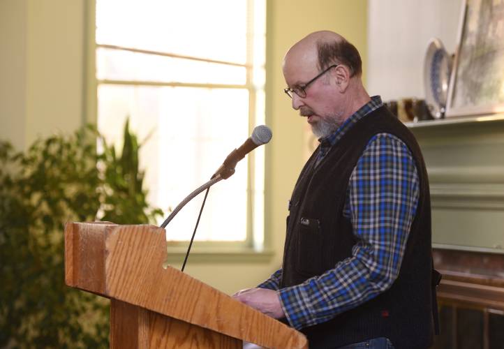 Bob Barba, the 2019 winner of the Poet’s Seat Poetry Contest’s adult category who now serves as that category’s head judge, reads his winning poem during the 2019 awards ceremony at Stoneleigh-Burnham School in Greenfield. This year’s event will be held Tuesday, April 23, at the Greenfield Public Library.