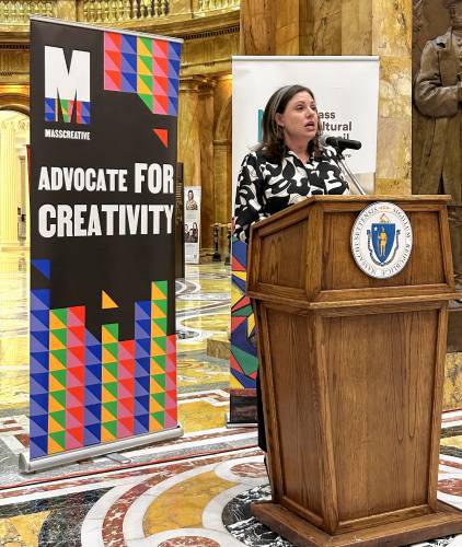 Emily Ruddock, executive director of MASSCreative, speaks during a recent State House hearing about four bills pertaining to the creative economy.