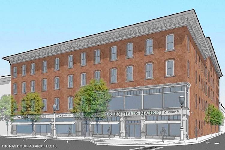 A design image of the planned redevelopment project at the former Wilson’s Department Store, which involves relocating and expanding Green Fields Market into the first floor and turning the upper floors into 65 mixed-income rental apartments.