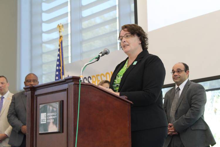 Greenfield Community College President Michelle Schutt speaks at the school’s MassReconnect kickoff program in August. Despite budget delays at the state level, Schutt has approved pay increases for its Massachusetts Community College Council union members.