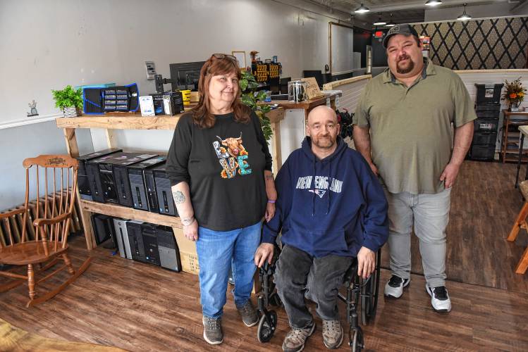 Carol Parker, Doug Ely and Jake Benedict of Busy Bee Computers at 22 Federal St. in Greenfield.