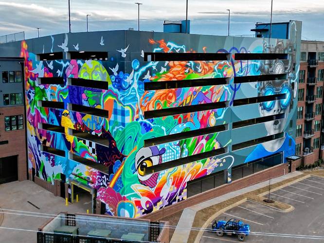 Mural artist Darion Fleming’s 2022 piece “Camden” in Charlotte, North Carolina. A steering group has selected Fleming to paint a 3,200-square-foot mural over the east exterior wall of the Shea Theater Arts Center in Turners Falls.