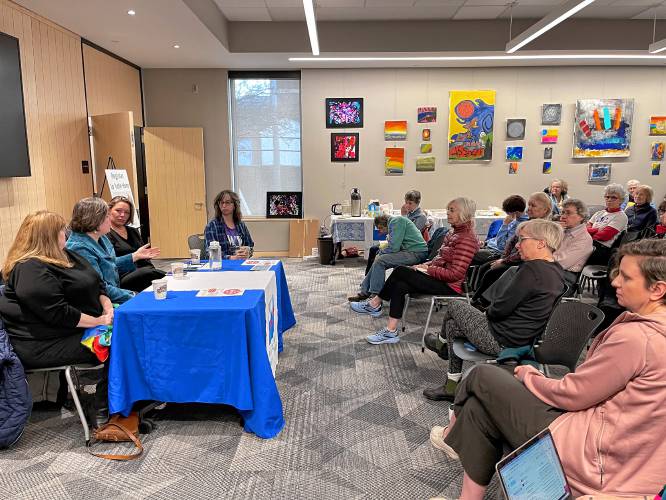 Rep. Susannah Whipps, Sen. Jo Comerford and Rep. Natalie Blais answered questions and urged attendees to advocate and vote to make their voices heard during the League of Women Voters of Franklin County’s annual Legislative Coffee at the Greenfield Public Library on Saturday.