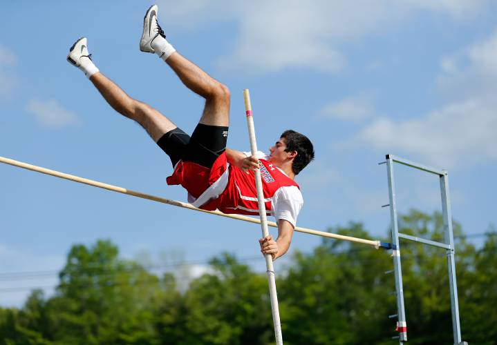 Frontier’s Adrien Pazmandy competes to a second place finish in the pole vault after clearing 9 feet, 6 inches during the PVIAC Division 2 track and field championships Friday in Buckland.