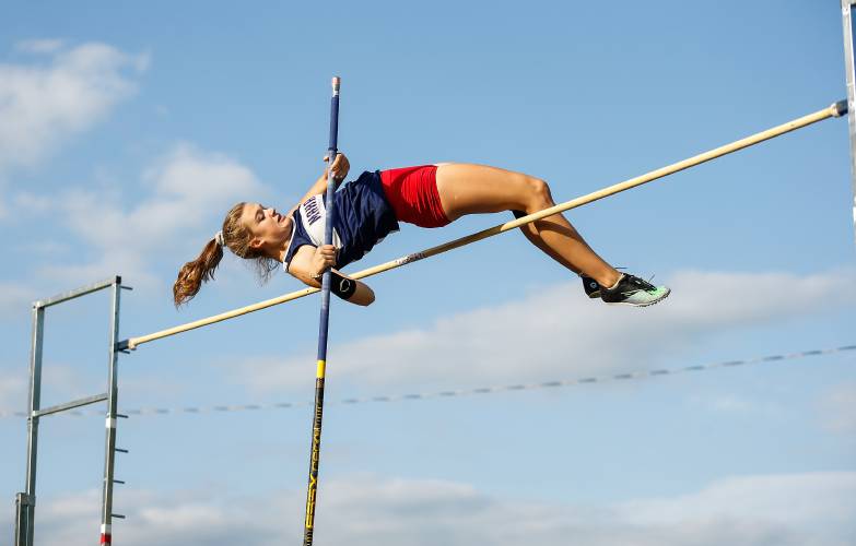 Mahar’s Stellina Moore clears 10 feet for first place in the pole vault during the 2023 PVIAC Division 2 track and field championships  in Buckland.