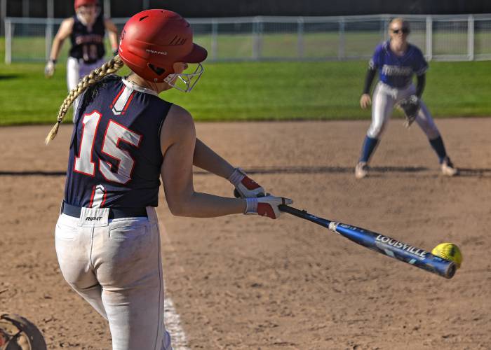 Frontier’s Sophia Pinardi (15) makes contat during the Redhawks’ 6-3 loss to Turners Falls on Friday at Zabek Field in South Deerfield.