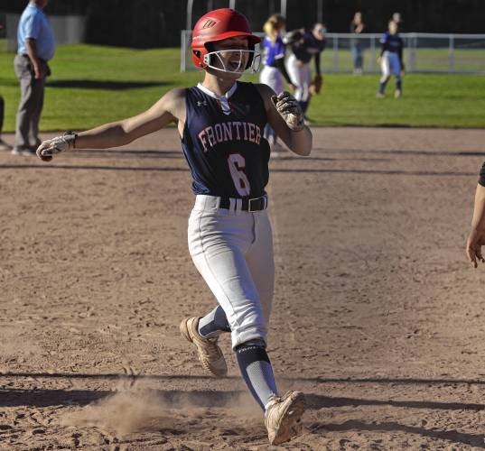 Frontier’s Ashley Taylor (6) scores a run in the sixth inning against Turners Falls on Friday at Zabek Field in South Deerfield.