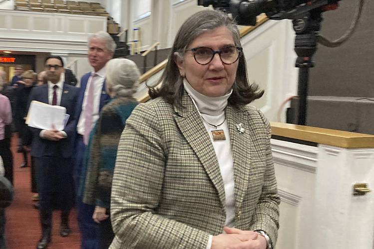 Appeals Court Associate Justice Gabrielle R. Wolohojian takes a break as she testifies before the Governor’s Council on her nomination to the state’s highest court at the State House, Wednesday, Feb. 21, 2024, in Boston.