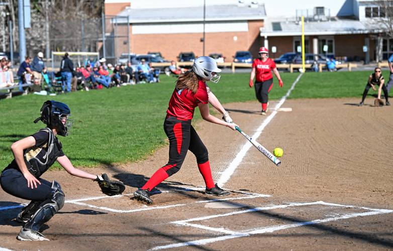 Athol’s Marley Cummings connects to drive in a run against Pioneer in Northfield on Tuesday. 