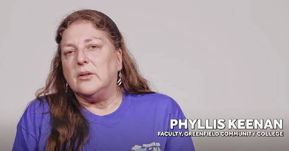 Greenfield Community College math professor Phyllis Keenan speaks during a new television ad urging lawmakers to pass the CHERISH Act, which seeks to provide a more affordable path to a college degree for students and improve wage equity among faculty members.