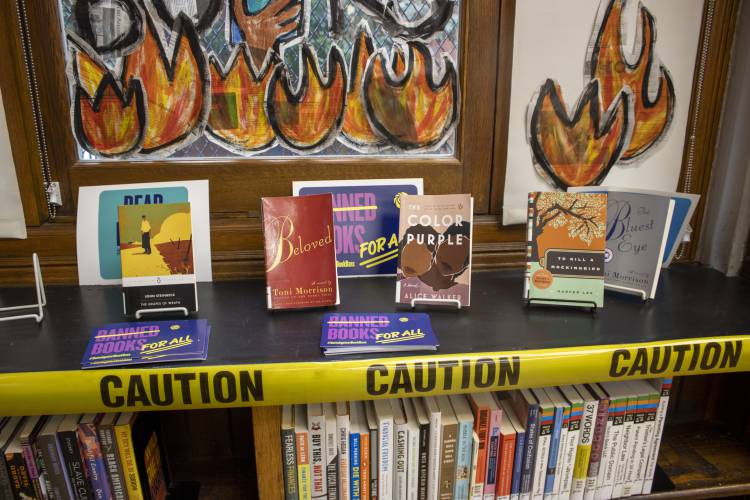 A Banned Books Week display is at the Mott Haven branch of the New York Public Library in the Bronx borough of New York City on Oct. 7.