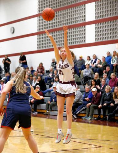 Easthampton’s Christine Raymond (24) puts up a shot against Frontier in the fourth quarter Thursday night in Easthampton.