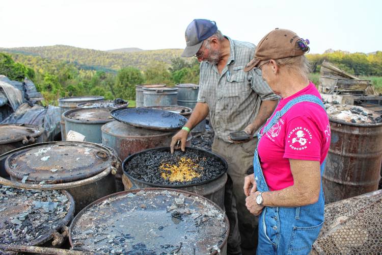 Chip and Sherry Hager cracked open a barrel of Pioneer Valley Popcorn only to find the top layer of it had popped during a blaze that destroyed their Colrain barn on Sept. 9. The Shelburne Falls Eagles Auxiliary is organizing a fundraiser for the Hager family on Saturday, Nov. 18.