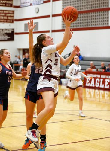 Easthampton’s Kayley Downie (3) puts in a breakaway layup against Frontier in the second quarter Thursday night in Easthampton.