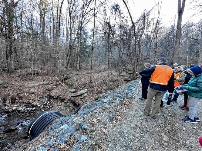 Ashfield and Conway residents gathered on Nov. 18 to take a tour of the South River watershed as the town of Conway undertakes a Municipal Vulnerability Preparedness (MVP) grant project to address flooding risks in the central village.