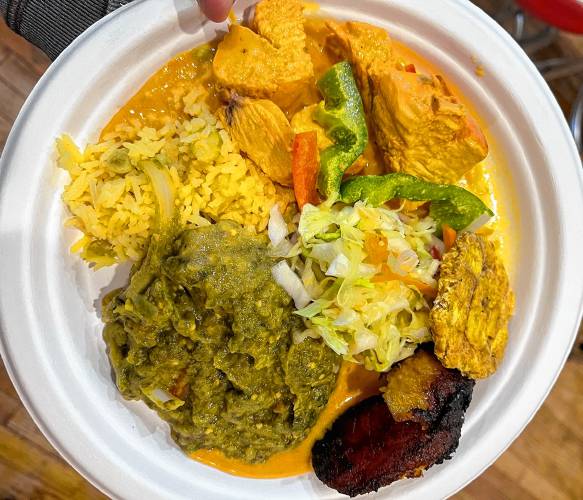 A full plate of Haitian food at one of Mesa Verde’s pop-ups.