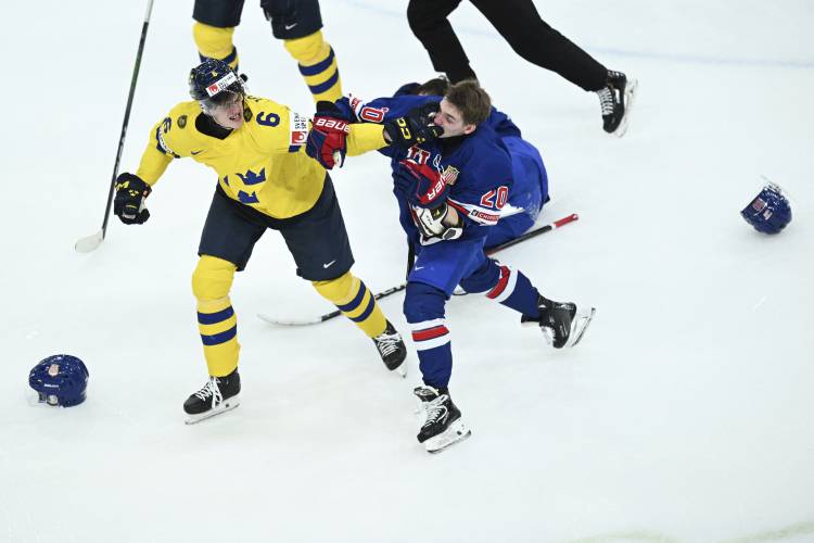Sweden's Anton Johansson, left, and USA's Lane Hutson fight during the IIHF World Junior Championship ice hockey final match between Sweden and USA at Scandinavium in Gothenburg, Sweden, Friday Jan. 5, 2024. (Bjorn Larsson Rosvall/TT via AP)