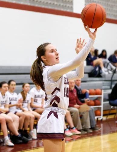 Easthampton’s Addie Barr (10) puts up a shot against Frontier in the fourth quarter Thursday night in Easthampton.