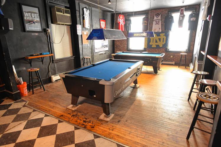 The pool room at Between The Uprights sports bar at 23 Avenue A in Turners Falls.