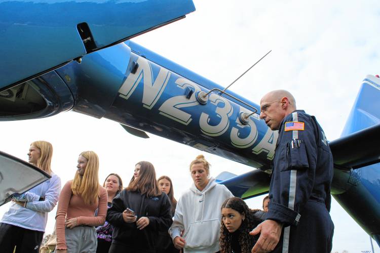 LifeStar flight nurse Joe Reale speaks to Frontier Regional School students during a visit to the school on Wednesday.