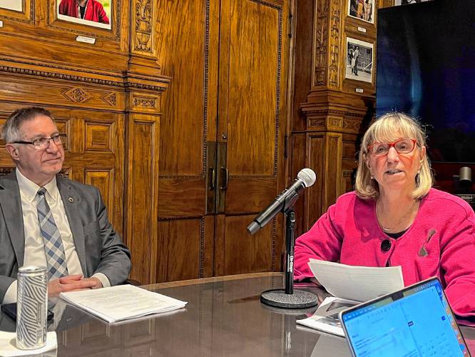 Senate President Karen Spilka, right, and Senate Ways and Means Chair Michael Rodrigues, left, held a press conference on Wednesday, Jan. 10, on a new report about making community college free for all residents.